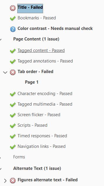 Title Failed, Tab order Failed, Alternate Text Failed