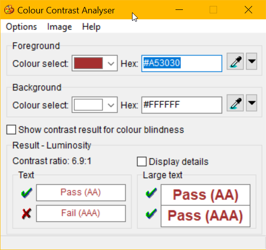 Colour Contrast Analyser comparing foreground and background colors.