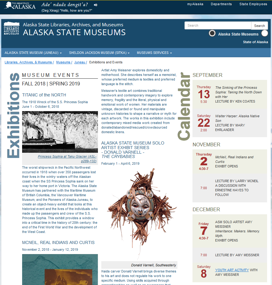 Alaska State Museum's Exhibits and Calendar web page