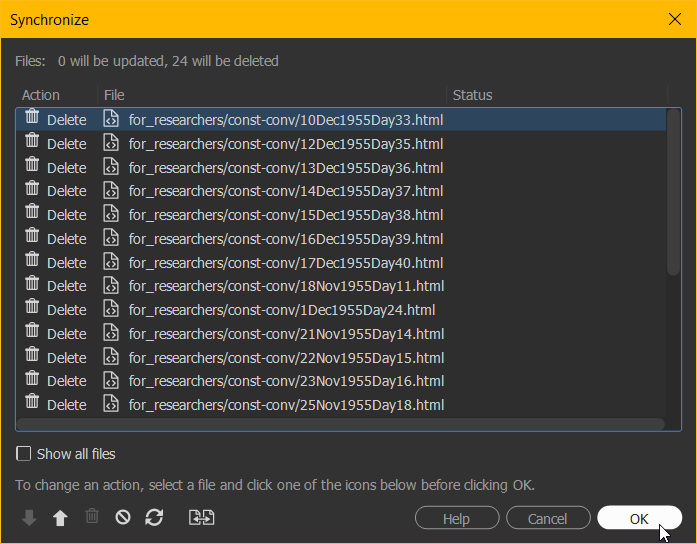 Synchronize dialog showing a list of files to be deleted.