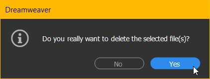 Dreamweaver dialog asking permission to delete.