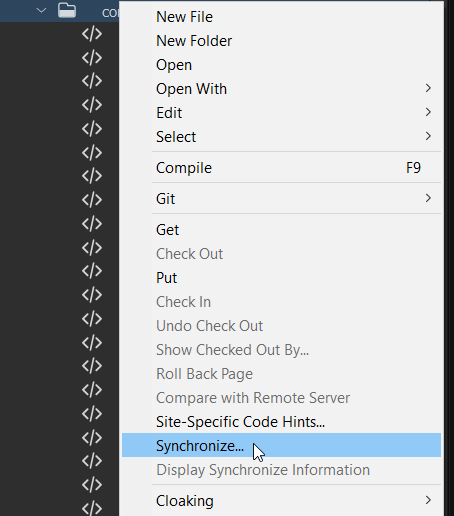 Right-click dialog with mouse focus on Synchronize.