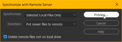 Synchronize with Remote Server dialog with mouse focus on Preview.