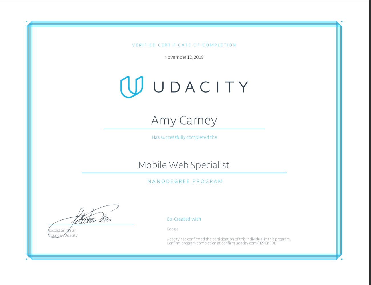 MWS Certificate of Completion on November 12, 2018.