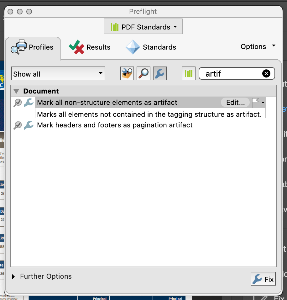 Preflight dialog box. Search "artif" and select "Mark all non-structure elements as artifact" All steps listed before this image.