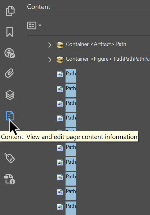 Mouse cursor over Content panel icon: "View & edit page content information".