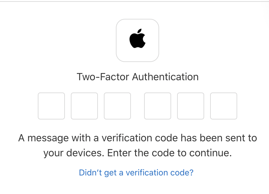 Apple's Two-Factor Authentication page. 6 input square are barely visible due to light gray border