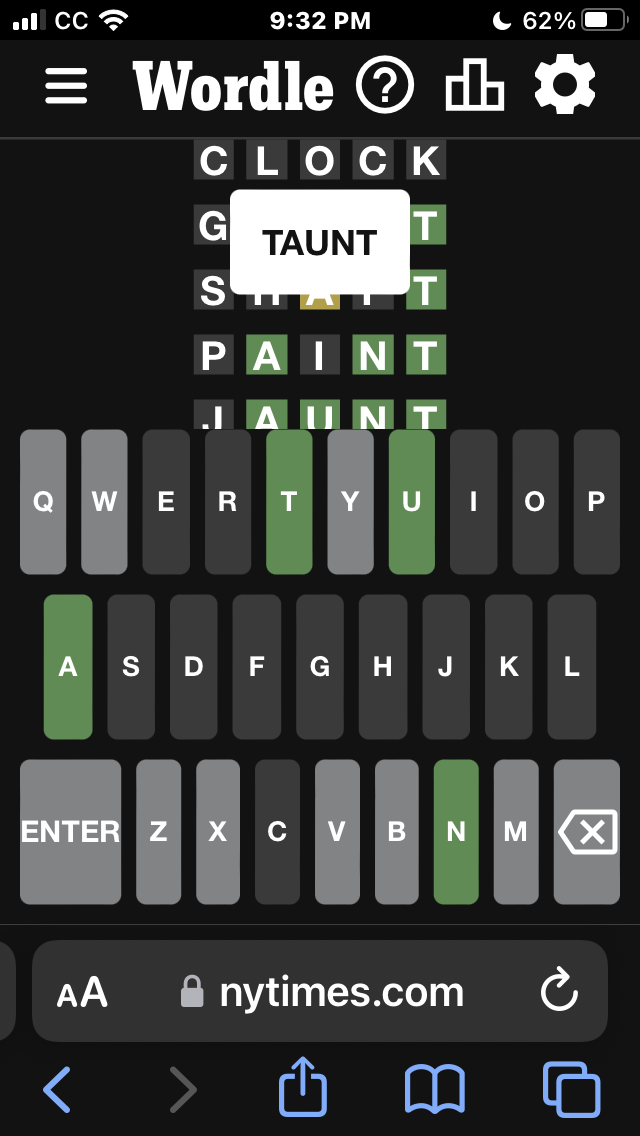 NYT Wordle puzzle completed with the correct word revealed as "TAUNT". Keyboard overlaps the 6th guess.