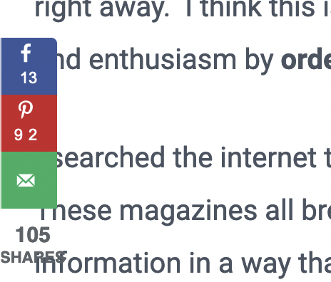 3 fixed horizontall stacked share icons (Facebook, Pinterest, Email) block the first 2 letters in every sentence (left aligned) in a blog post.