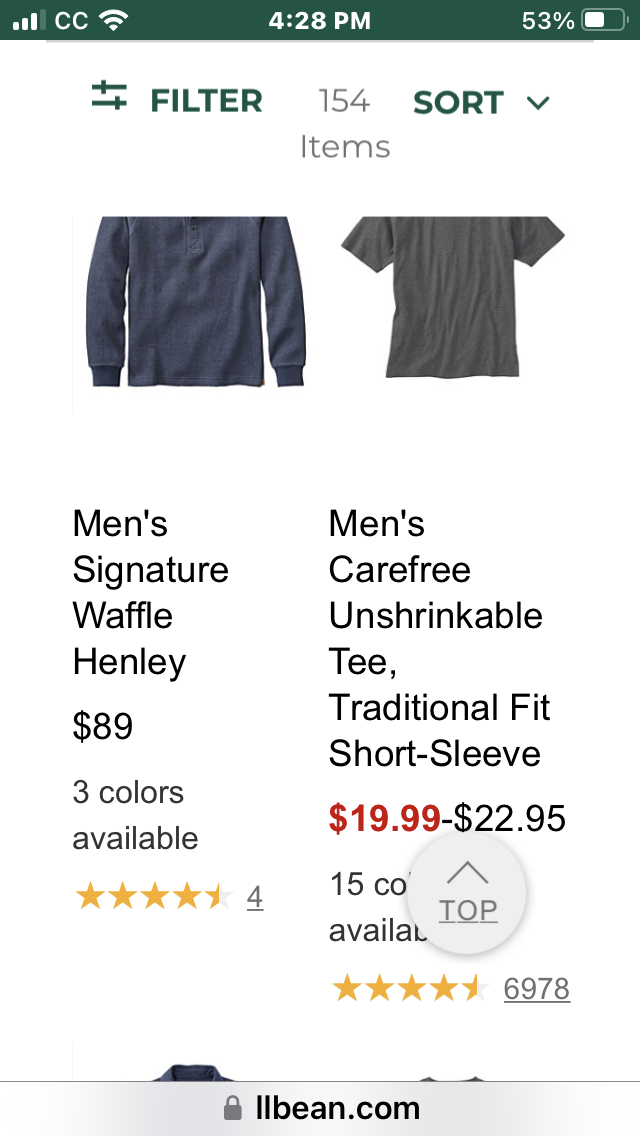 LLBean shopping page for men's clothes. Filter is fixed & covers 4/5 of the page. "Top" button blocks a small portion of an item's info.