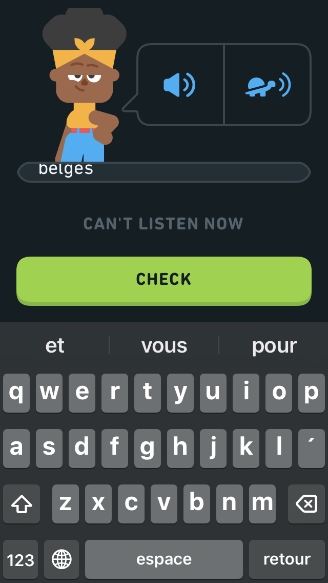 Duolingo exercise screen with input box. Text in input box is cut off vertically due to keyboard pushing up the content.