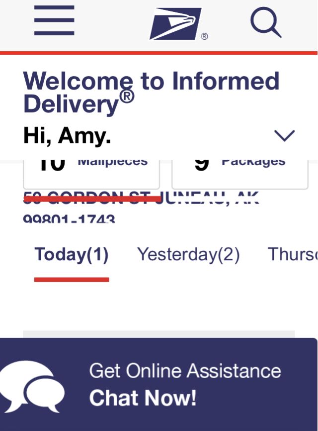 USPS Informed Delivery page (mobile portrait screen). The numbers and text for mailpieces & packages are cut off vertically. The address is overlapped by a red scrollbar.