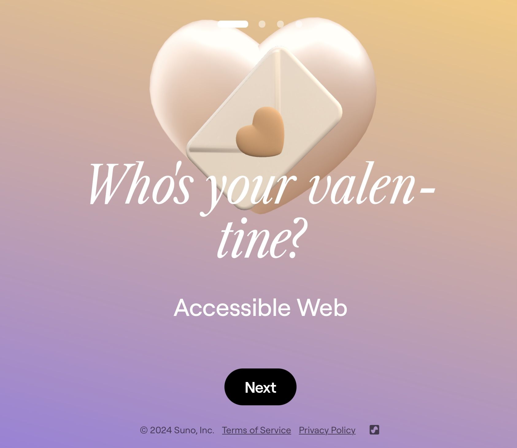 Background of purple, pink, and orange pastels. A glimmering heart with an envelope. Question reads, "Who's your valentine?" Below that sets an input box with "Accessible Web" entered. A Next button sets underneath.