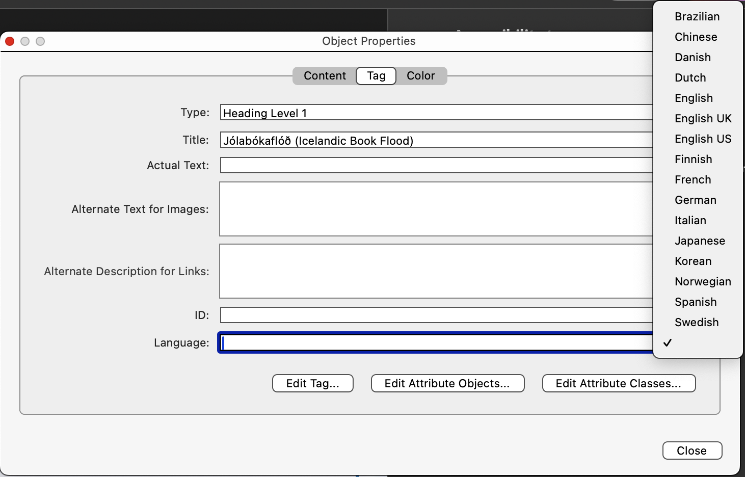 Screenshot of Adobe Acrobat Pro's Object Properties dialog. The Language select box is open, displaying 16 languages: Brazilian, Chinese, Danish, Dutch, English, English UK, English US, Finnish, French, German, Italian, Japanese, Korean, Norwegian, Spanish, and Swedish.