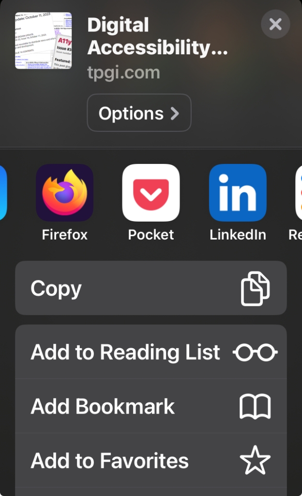iPhone Safari's webpage share menu options include Pocket icon, among others like Firefox, LinkedIn, Copy, Add to Reading LIst, etc.